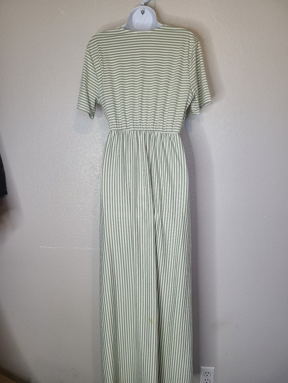 Ces Femme Striped Sage Green & Cream Mock Wrap Maxi Dress V Neck Short Sleeve - Picture 6 of 6